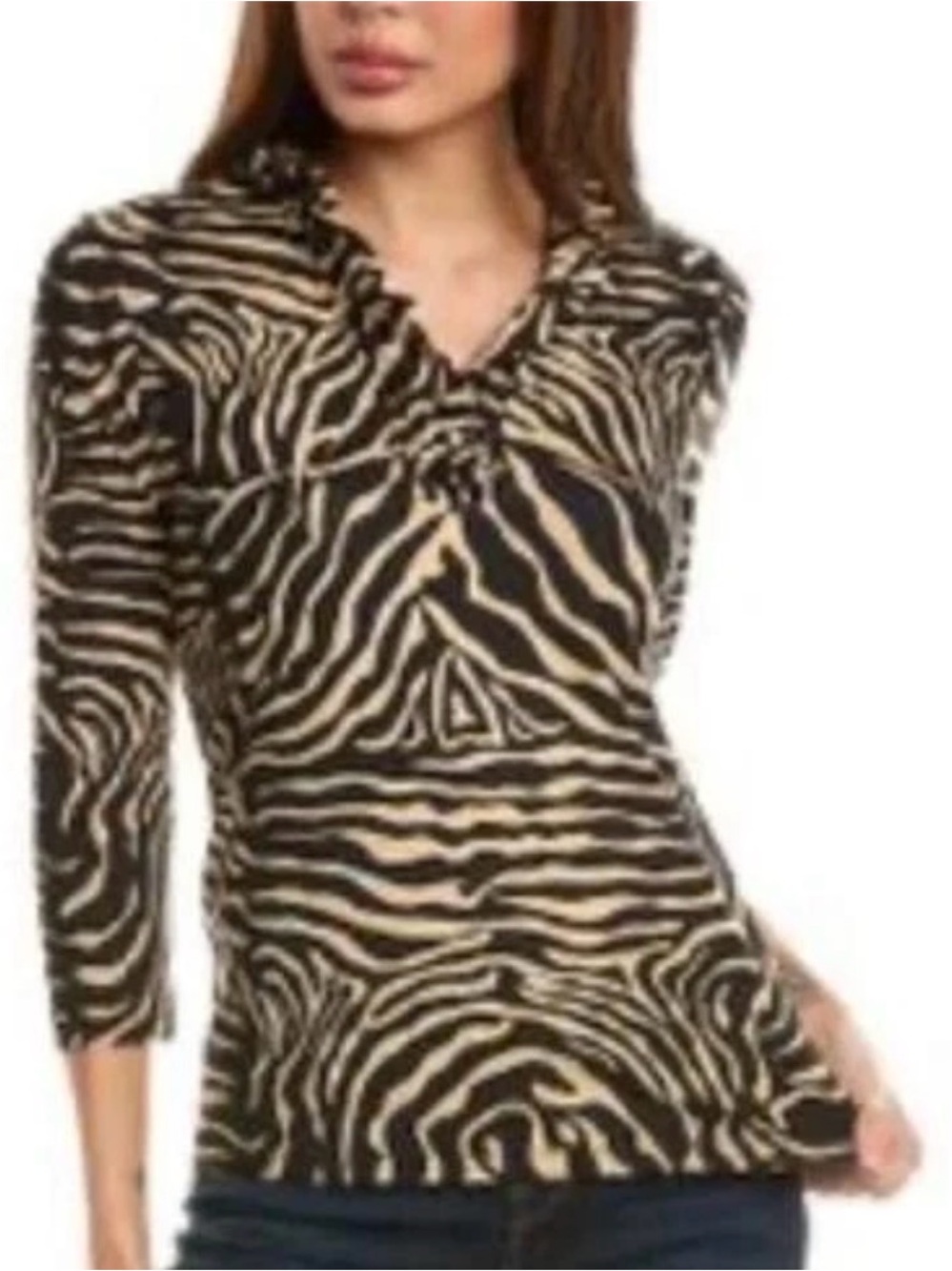 J.McLaughlin Zebra Print Ruffle V-Neck Top Tan Black 3/4 Sleeve Medium